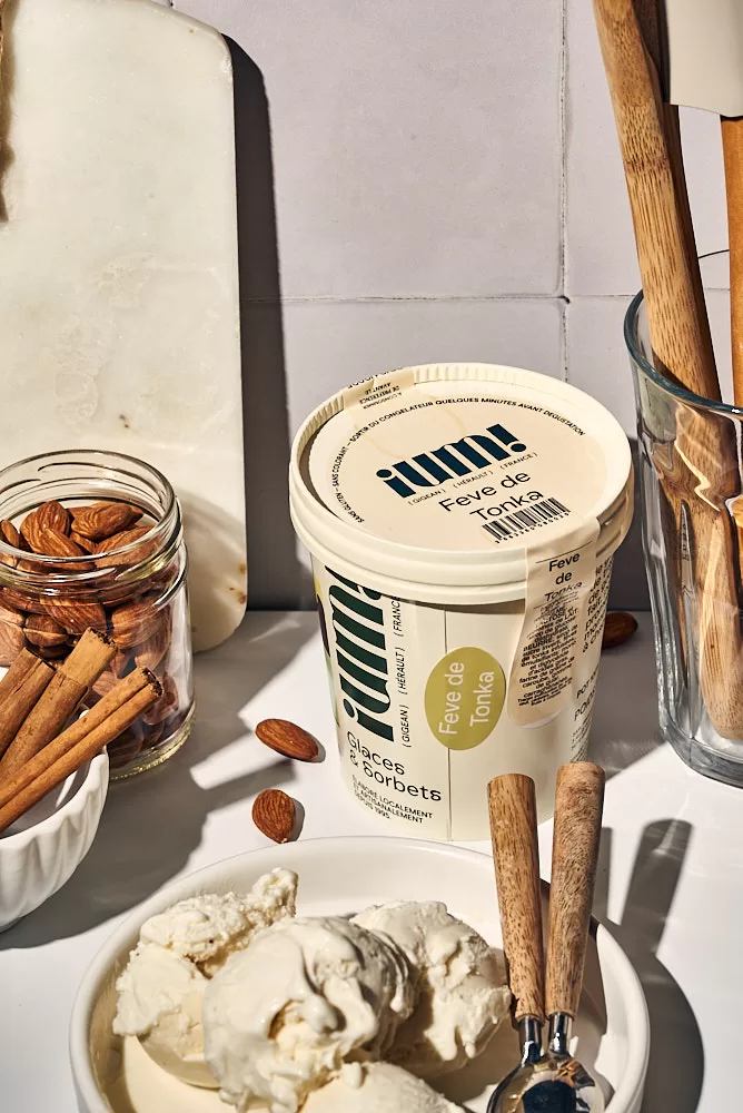 Product photography for French Ice cream brand in Barcelona. ice cream sitting on a kitchen counter